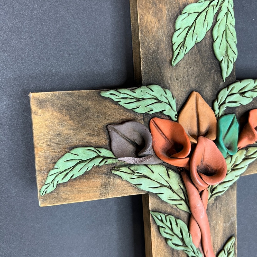 Handmade Wooden Floral Wall Cross Clay Flowers Rustic Folk Art Decor 12" x  7" - Picture 2 of 7